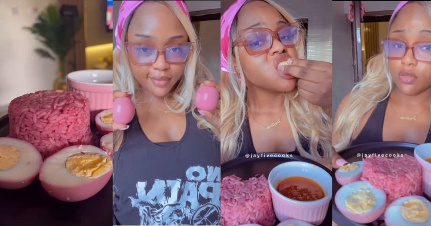 Nigerian Chef’s pink colored rice and eggs leaves netizens stunned (WATCH)