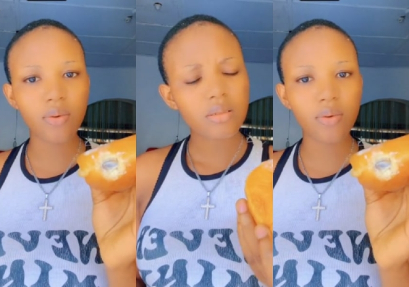  Lady in shock as she finds ponmo inside doughnut