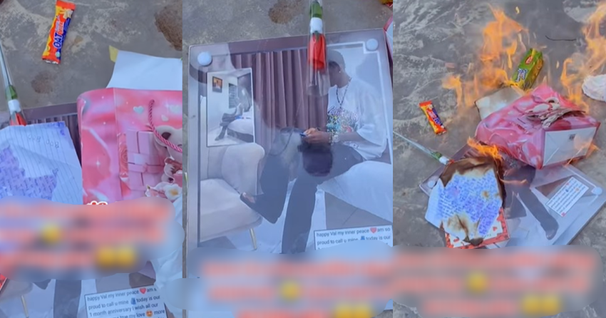  “Love is a beautiful thing, I just met the wr0ng one” – Lady set f!re to Valentine’s gift after her boyfriend blocked her contact (WATCH)