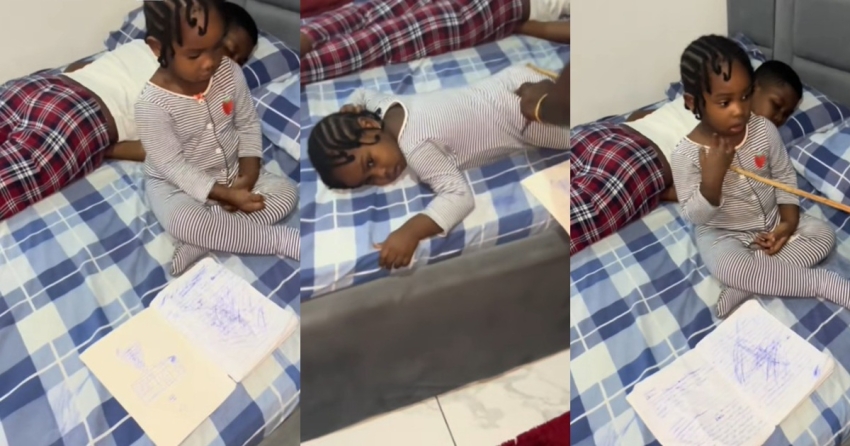 Man d!sciplines his toddler for writing jargon on her brother’s agricultural notebook (WATCH)