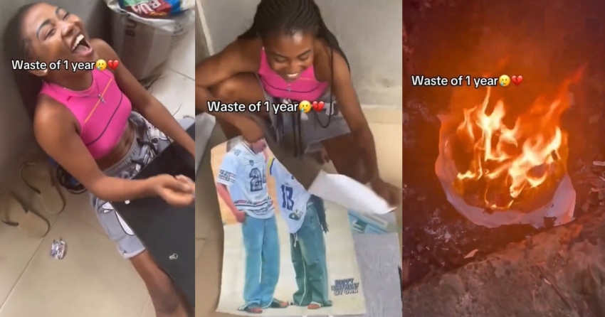 “Waste of one year” – Lady destr0ys a framed photo of her and her boyfriend after their one-year relationship ended (VIDEO)