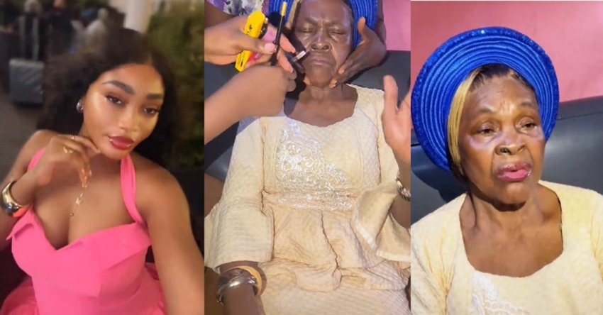  Lady stirs reactions online after sharing a video of her attempt to apply make-up on her grandmother for her birthday (WATCH)