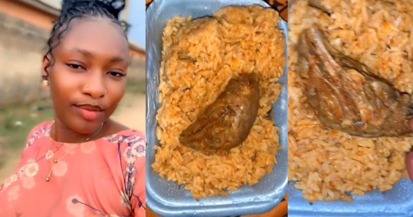 Lady shows off the kind of meal she was served at a naming ceremony (Watch)