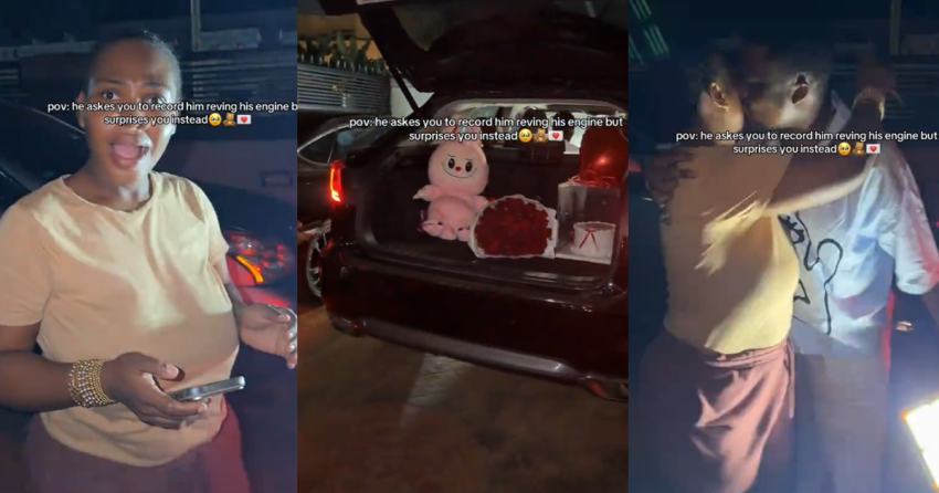 Woman gets a surprise after her man asks her to record him revving his car engine (Watch)
