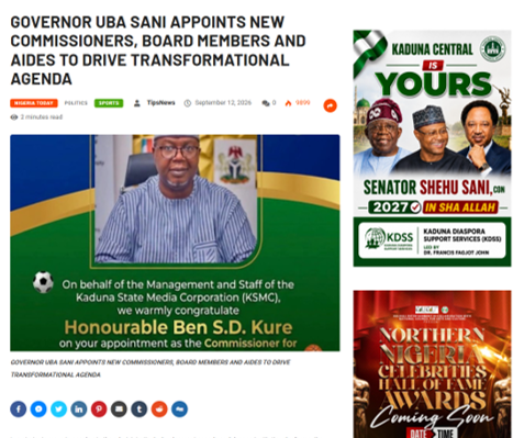 Kaduna Diaspora Support Services Buys Full Page to Back Winning Team at Kaduna Flag-Off